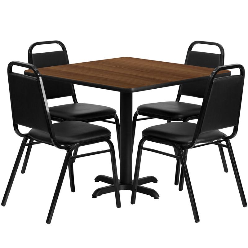 36'' Square Walnut Laminate Table Set with X-Base and 4 Black Trapezoidal Back Banquet Chairs. The main picture.