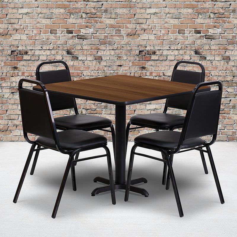 36'' Square Walnut Laminate Table Set with X-Base and 4 Black Trapezoidal Back Banquet Chairs. Picture 2