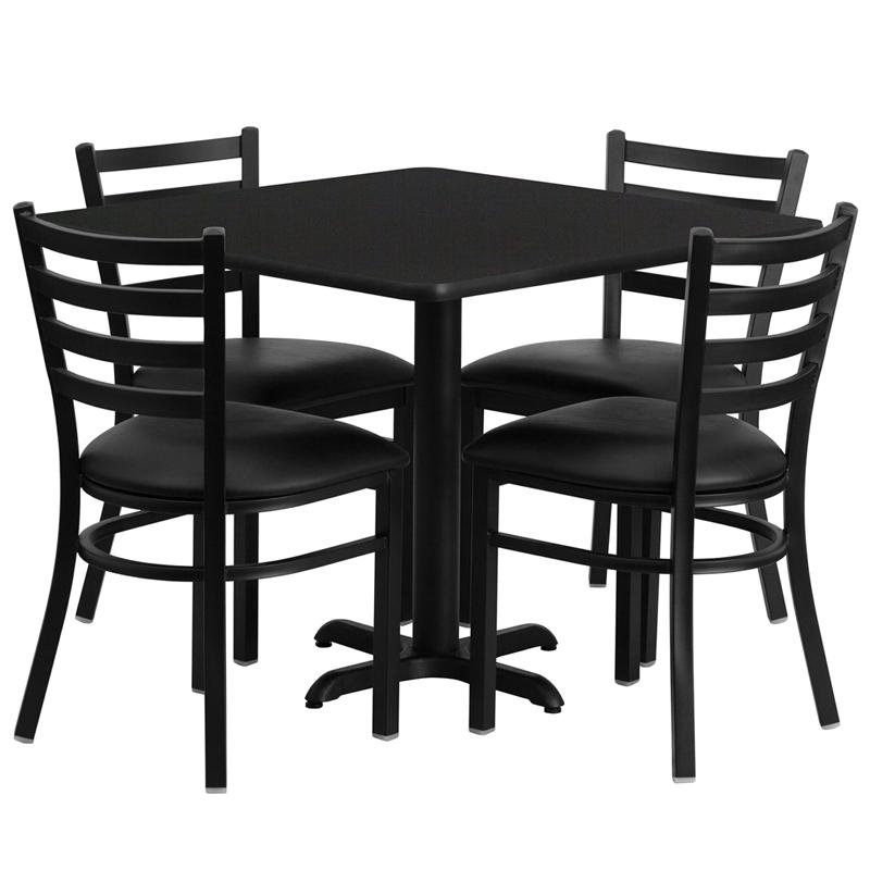 36'' Square Black Laminate Table Set with X-Base and 4 Ladder Back Metal Chairs - Black Vinyl Seat. Picture 1