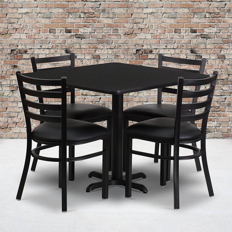 36'' Square Black Laminate Table Set with X-Base and 4 Ladder Back Metal Chairs - Black Vinyl Seat. Picture 2
