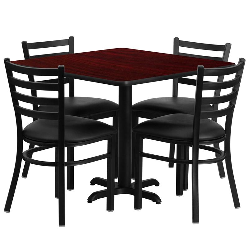 36'' Square Mahogany Laminate Table Set with X-Base and 4 Ladder Back Metal Chairs - Black Vinyl Seat. Picture 2