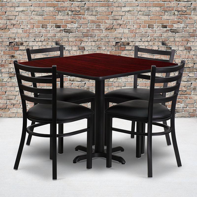 36'' Square Mahogany Laminate Table Set with X-Base and 4 Ladder Back Metal Chairs - Black Vinyl Seat. The main picture.