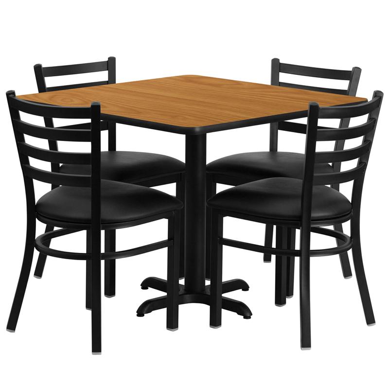36'' Square Natural Laminate Table Set with X-Base and 4 Ladder Back Metal Chairs - Black Vinyl Seat. Picture 2