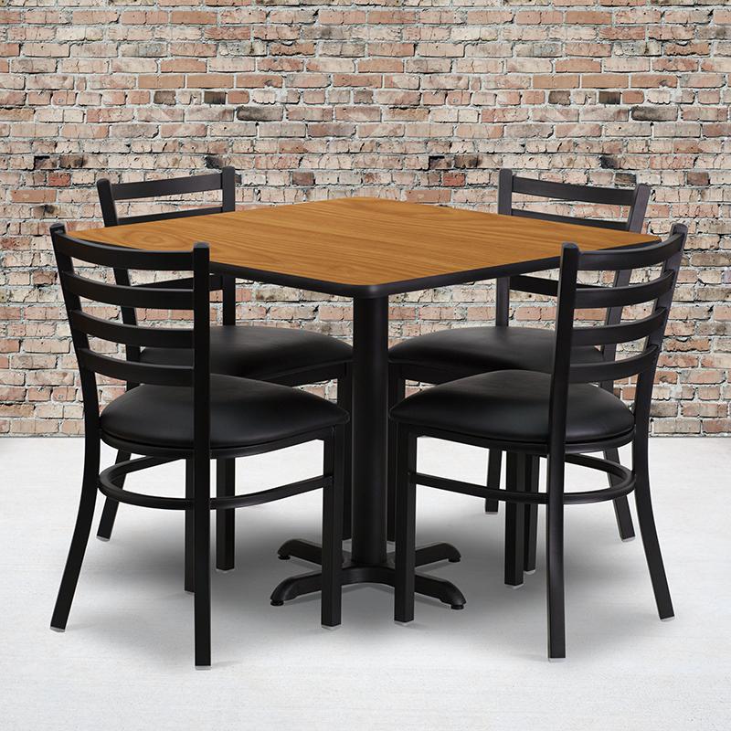 36'' Square Natural Laminate Table Set with X-Base and 4 Ladder Back Metal Chairs - Black Vinyl Seat. Picture 3