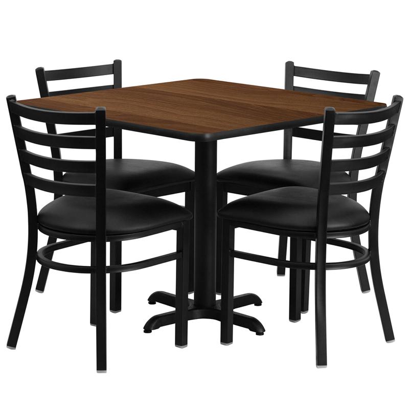 36'' Square Walnut Laminate Table Set with X-Base and 4 Ladder Back Metal Chairs - Black Vinyl Seat. Picture 1