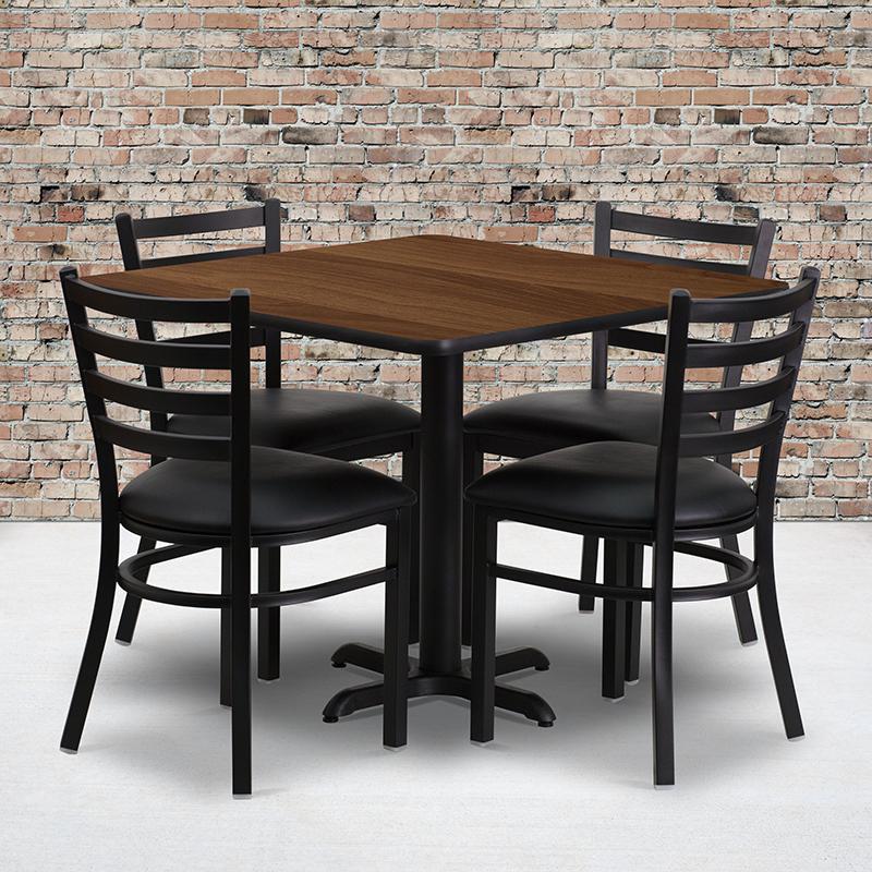 36'' Walnut Table Set with X-Base and 4 Metal Chairs - Black Vinyl Seat. Picture 1