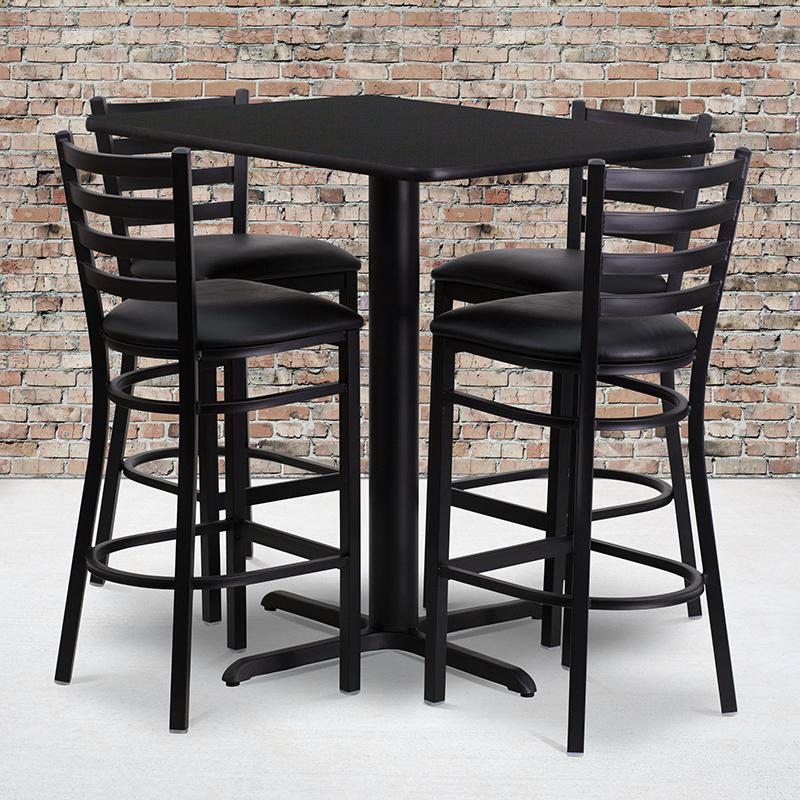 24''W x 42''L Black Table Set with 4 Metal Barstools - Black Vinyl Seat. Picture 1