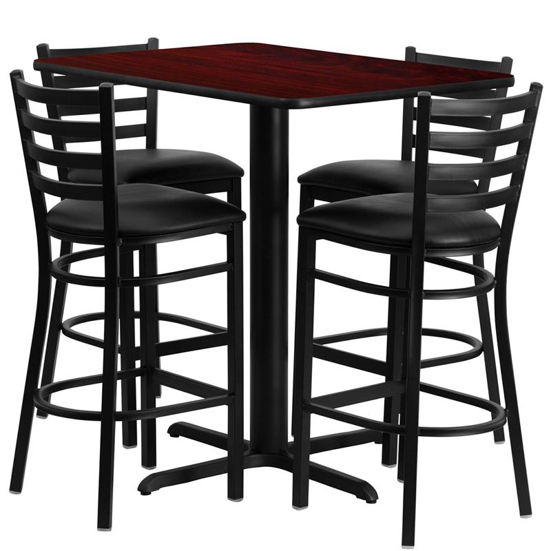 24''W x 42''L Rectangular Mahogany Laminate Table Set with 4 Ladder Back Metal Barstools - Black Vinyl Seat. The main picture.