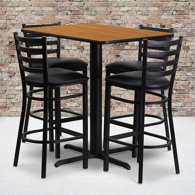 24''W x 42''L Natural Table Set with 4 Metal Barstools - Black Vinyl Seat. Picture 1