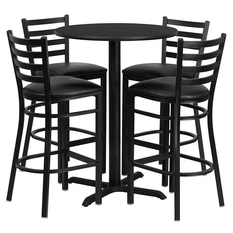 30'' Round Black Laminate Table Set with X-Base and 4 Ladder Back Metal Barstools - Black Vinyl Seat. Picture 1