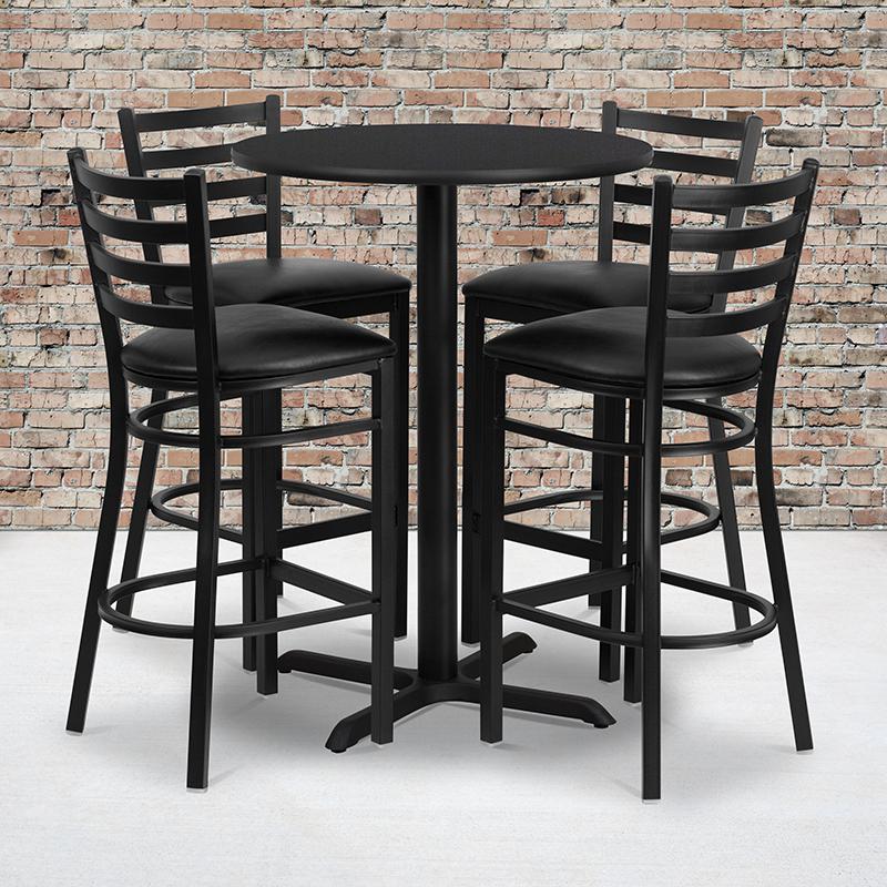 30'' Black Table Set with X-Base and 4 Metal Barstools - Black Vinyl Seat. Picture 1