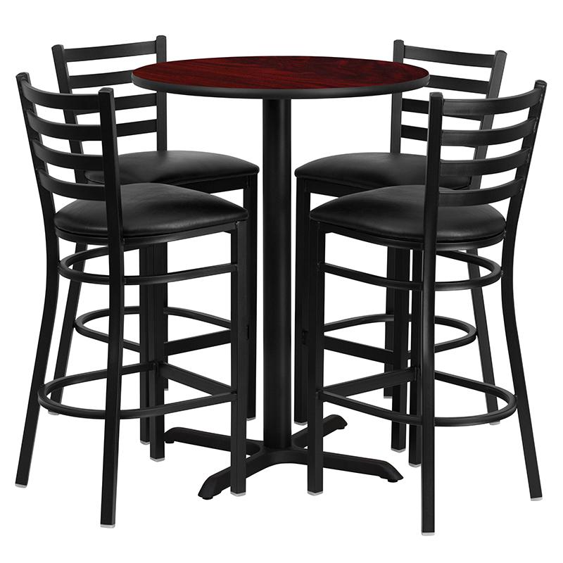 30'' Round Mahogany Laminate Table Set with X-Base and 4 Ladder Back Metal Barstools - Black Vinyl Seat. Picture 1