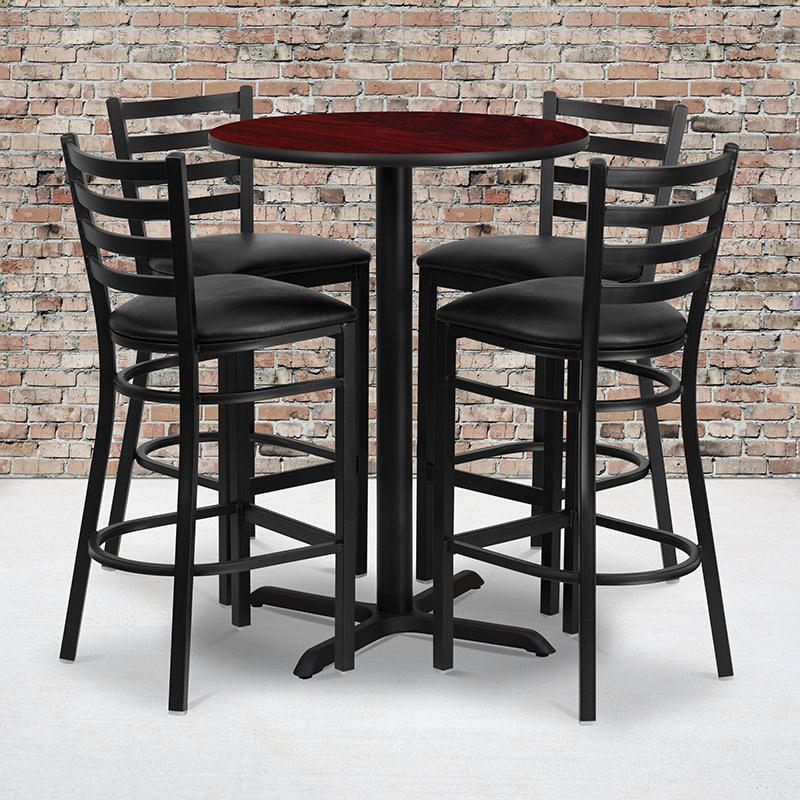 30'' Round Mahogany Laminate Table Set with X-Base and 4 Ladder Back Metal Barstools - Black Vinyl Seat. Picture 2