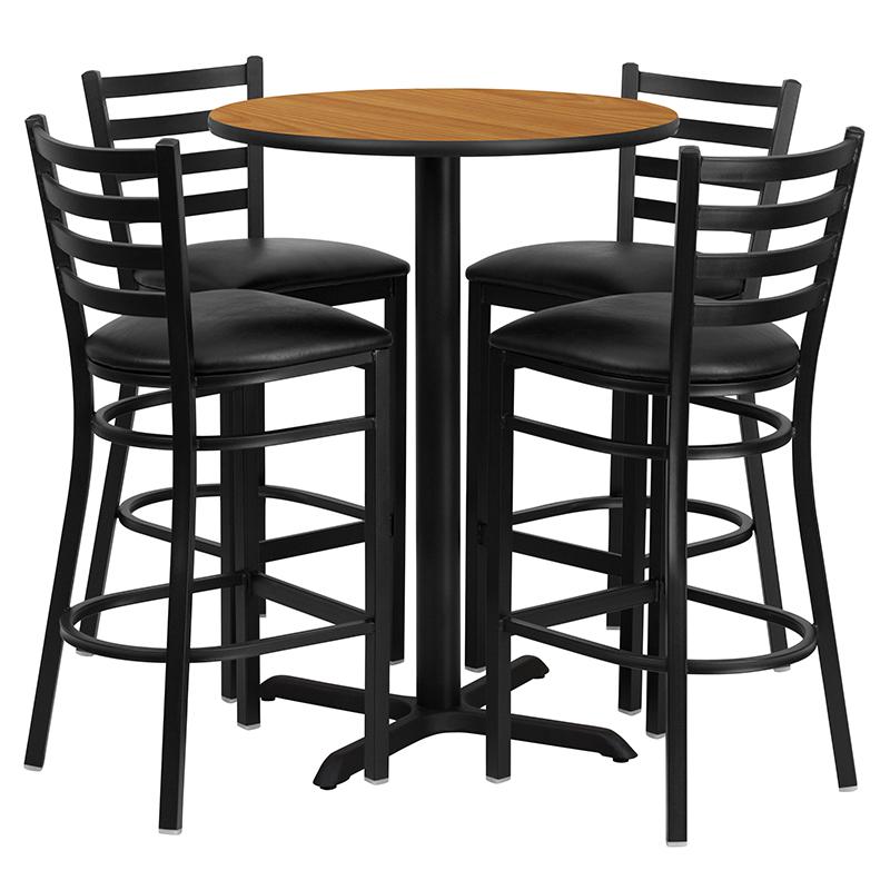 30'' Round Natural Laminate Table Set with X-Base and 4 Ladder Back Metal Barstools - Black Vinyl Seat. The main picture.