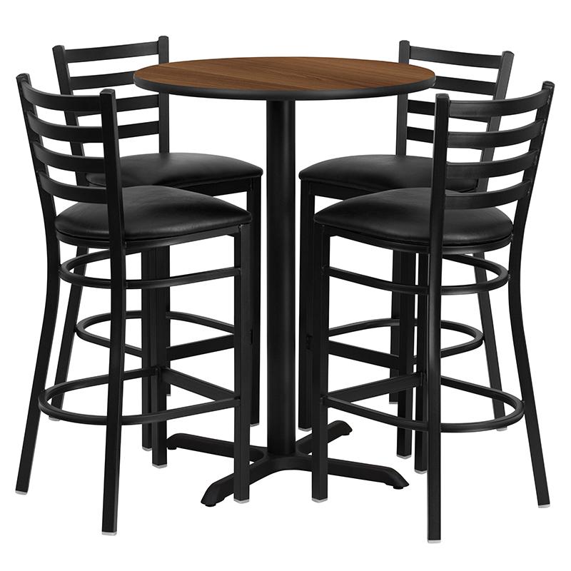 30'' Round Walnut Laminate Table Set with X-Base and 4 Ladder Back Metal Barstools - Black Vinyl Seat. Picture 1
