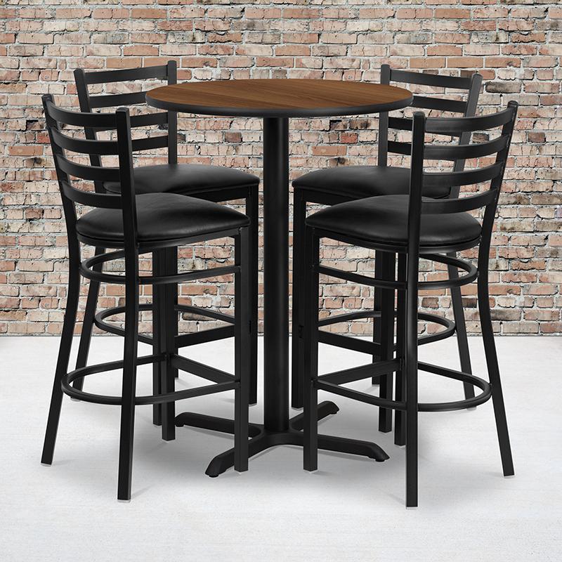 30'' Round Walnut Laminate Table Set with X-Base and 4 Ladder Back Metal Barstools - Black Vinyl Seat. Picture 2