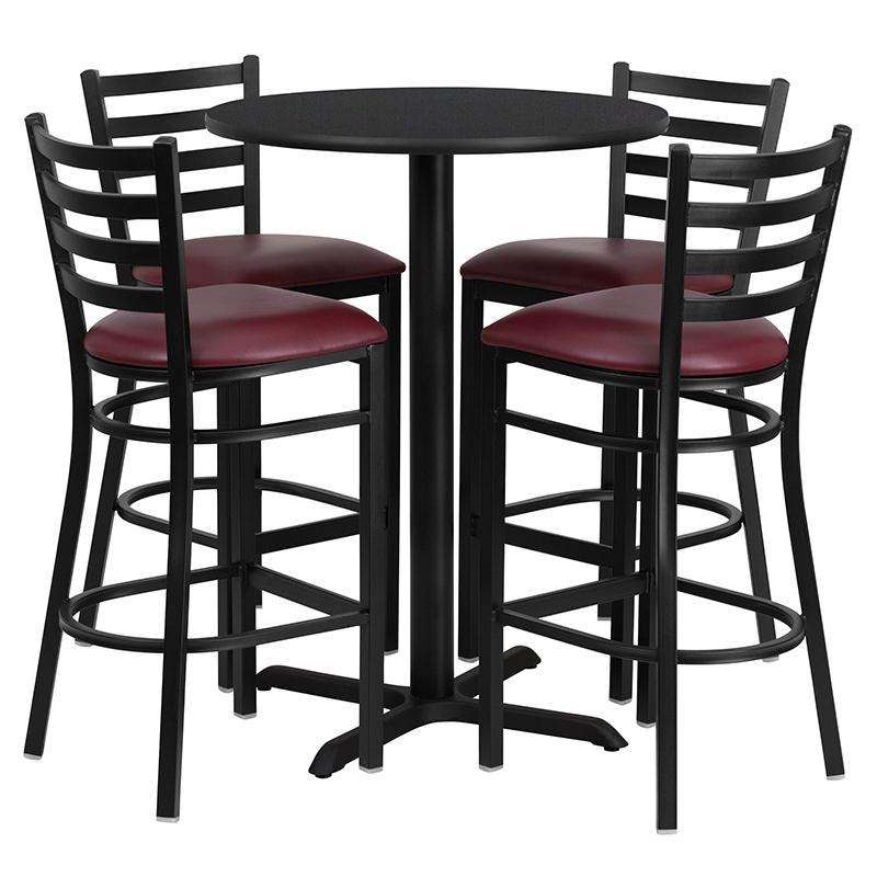 30'' Black Table Set with X-Base and 4 Metal Barstools - Burgundy Vinyl Seat. Picture 2