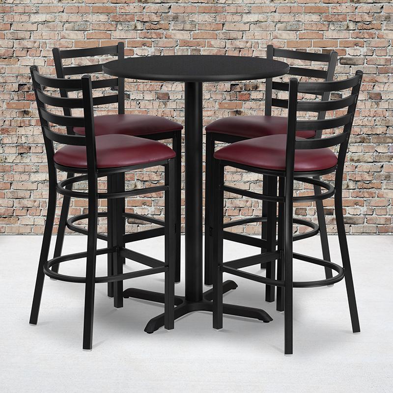 30'' Round Black Laminate Table Set with X-Base and 4 Ladder Back Metal Barstools - Burgundy Vinyl Seat. Picture 2