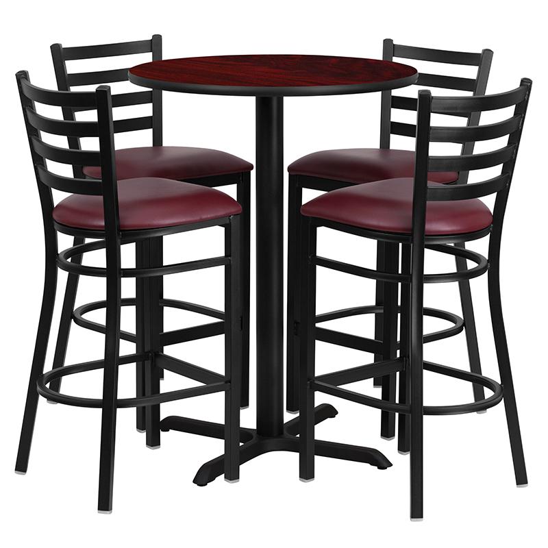 30'' Round Mahogany Laminate Table Set with X-Base and 4 Ladder Back Metal Barstools - Burgundy Vinyl Seat. Picture 2