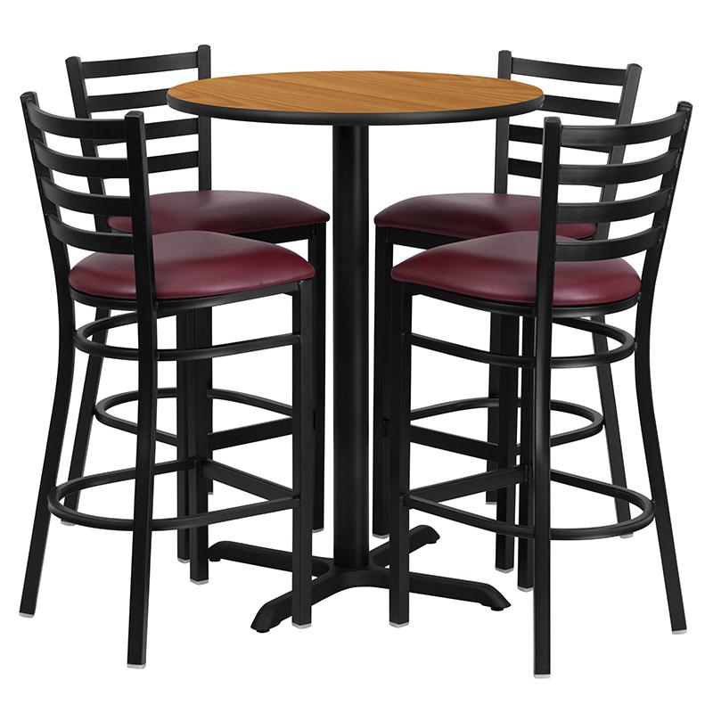 30'' Natural Table Set with X-Base and 4 Metal Barstools - Burgundy Vinyl Seat. Picture 2