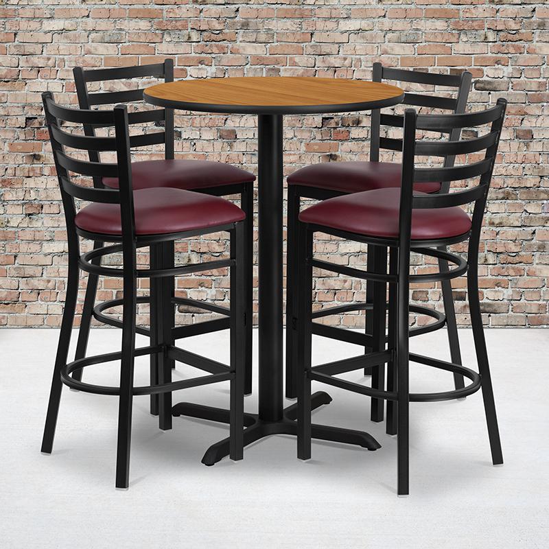 30'' Round Natural Laminate Table Set with X-Base and 4 Ladder Back Metal Barstools - Burgundy Vinyl Seat. Picture 2