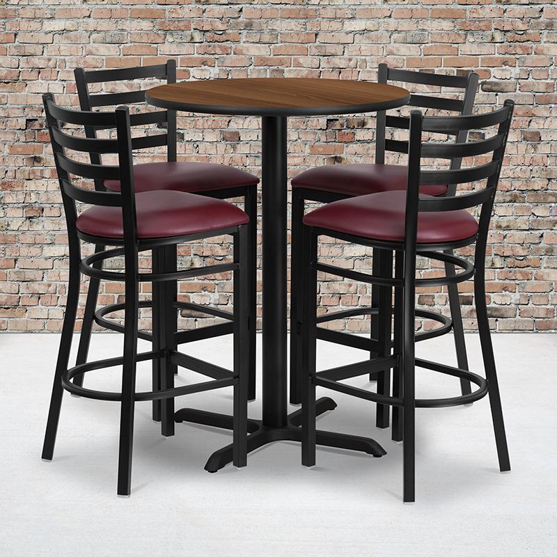 30'' Round Walnut Laminate Table Set with X-Base and 4 Ladder Back Metal Barstools - Burgundy Vinyl Seat. Picture 2