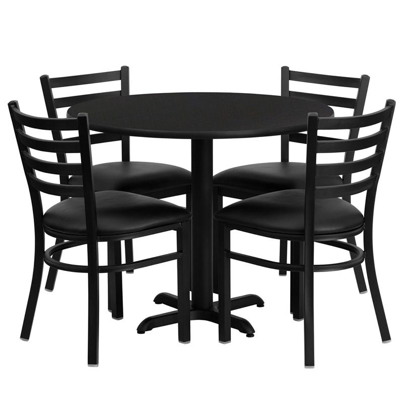 36'' Round Black Laminate Table Set with X-Base and 4 Ladder Back Metal Chairs - Black Vinyl Seat. Picture 2