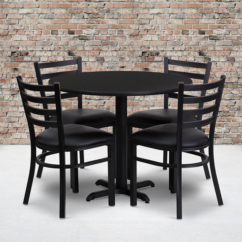 36'' Round Black Laminate Table Set with X-Base and 4 Ladder Back Metal Chairs - Black Vinyl Seat. Picture 1