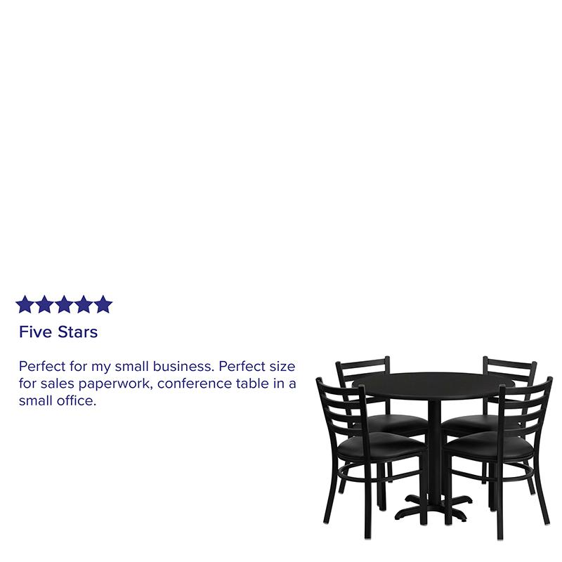 36'' Round Black Laminate Table Set with X-Base and 4 Ladder Back Metal Chairs - Black Vinyl Seat. Picture 4