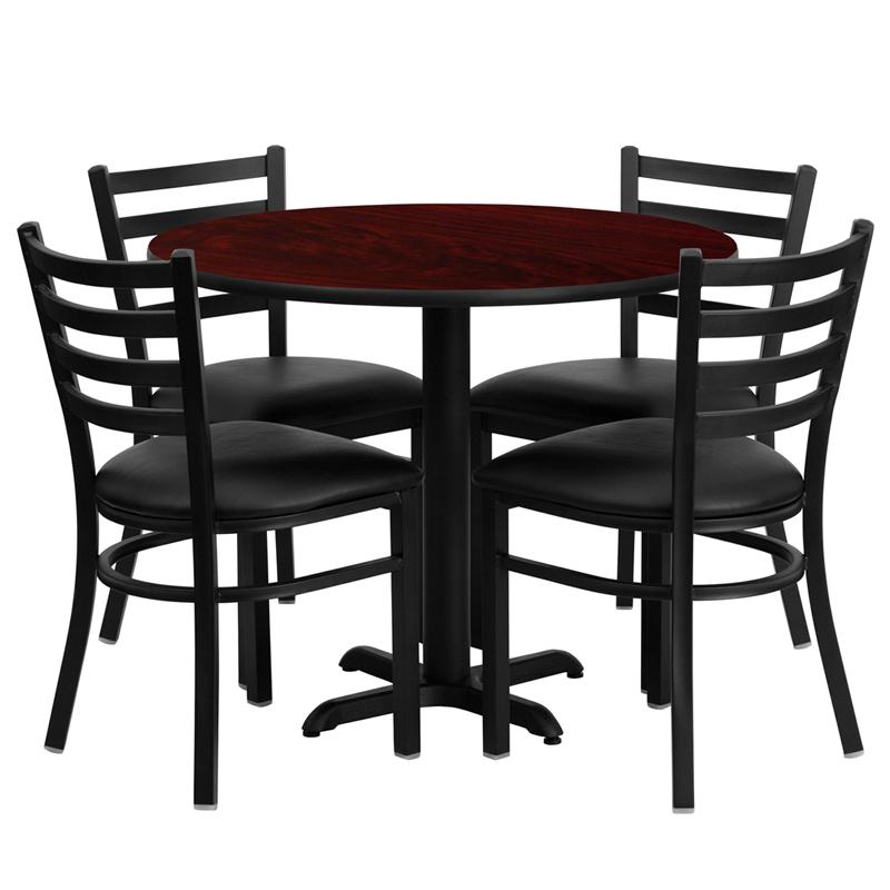 36'' Round Mahogany Laminate Table Set with X-Base and 4 Ladder Back Metal Chairs - Black Vinyl Seat. Picture 1