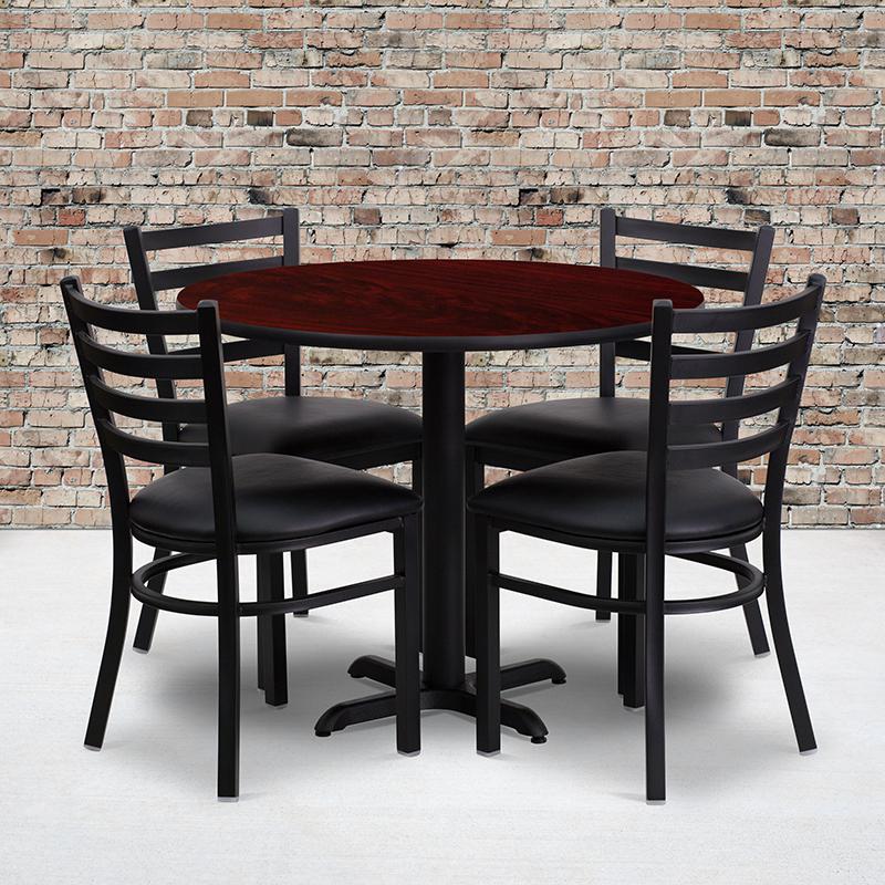 36'' Round Mahogany Laminate Table Set with X-Base and 4 Ladder Back Metal Chairs - Black Vinyl Seat. Picture 2