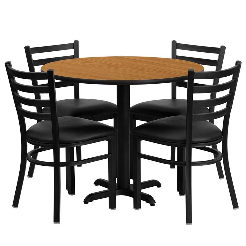 36'' Round Natural Laminate Table Set with X-Base and 4 Ladder Back Metal Chairs - Black Vinyl Seat. Picture 2