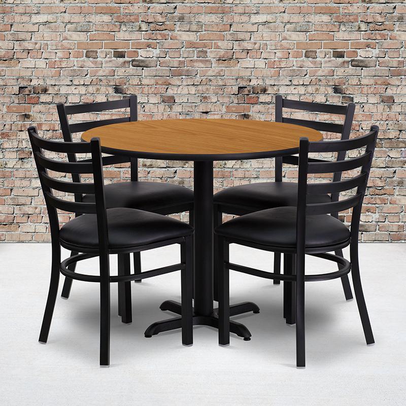 36'' Round Natural Laminate Table Set with X-Base and 4 Ladder Back Metal Chairs - Black Vinyl Seat. Picture 2