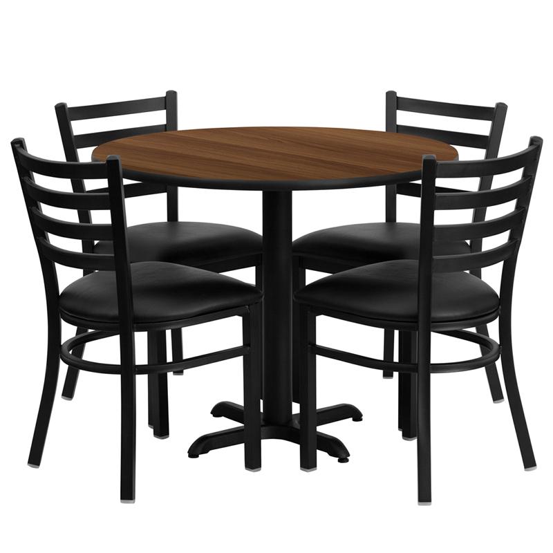 36'' Round Walnut Laminate Table Set with X-Base and 4 Ladder Back Metal Chairs - Black Vinyl Seat. The main picture.