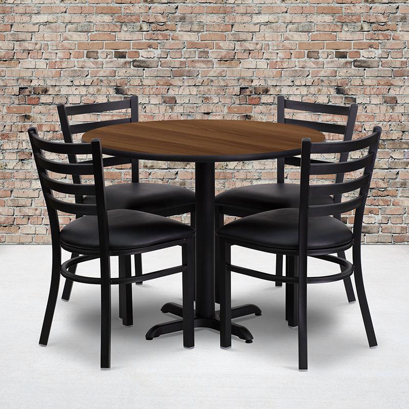 36'' Round Walnut Laminate Table Set with X-Base and 4 Ladder Back Metal Chairs - Black Vinyl Seat. Picture 2