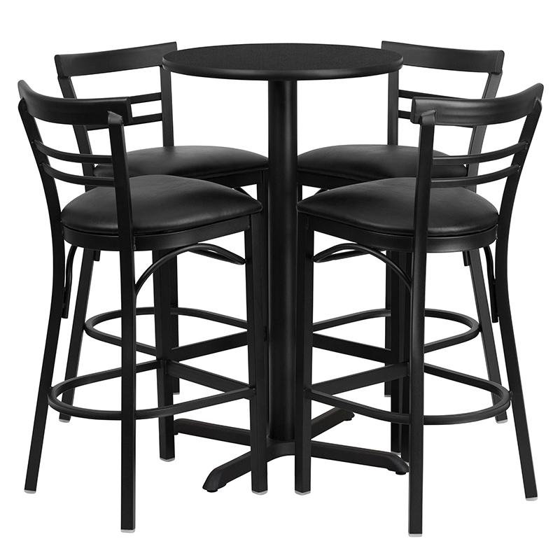 24'' Round Black Laminate Table Set with X-Base and 4 Two-Slat Ladder Back Metal Barstools - Black Vinyl Seat. The main picture.