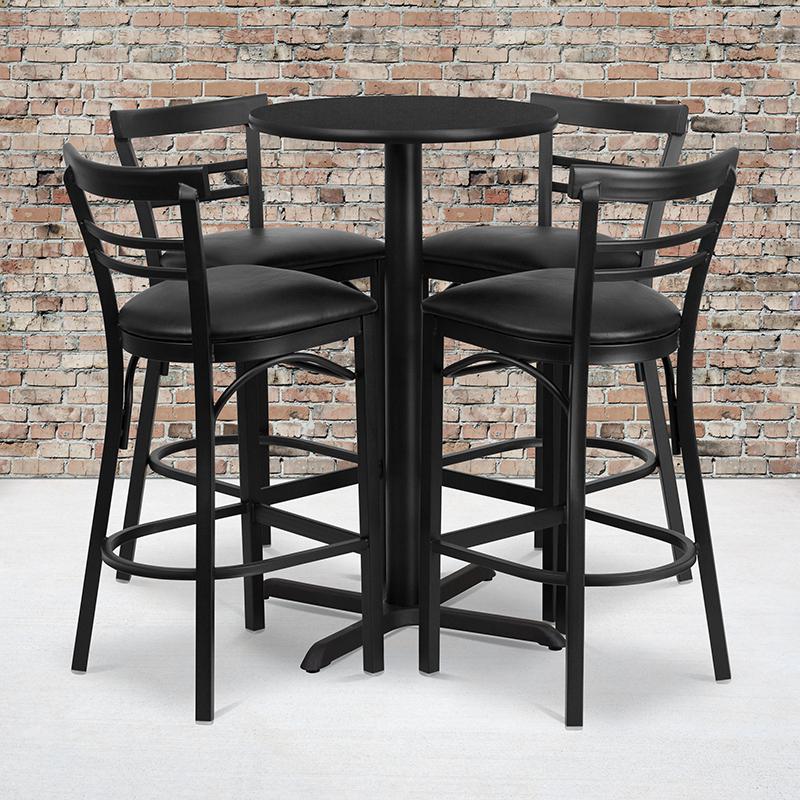 24'' Round Black Laminate Table Set with X-Base and 4 Two-Slat Ladder Back Metal Barstools - Black Vinyl Seat. Picture 2