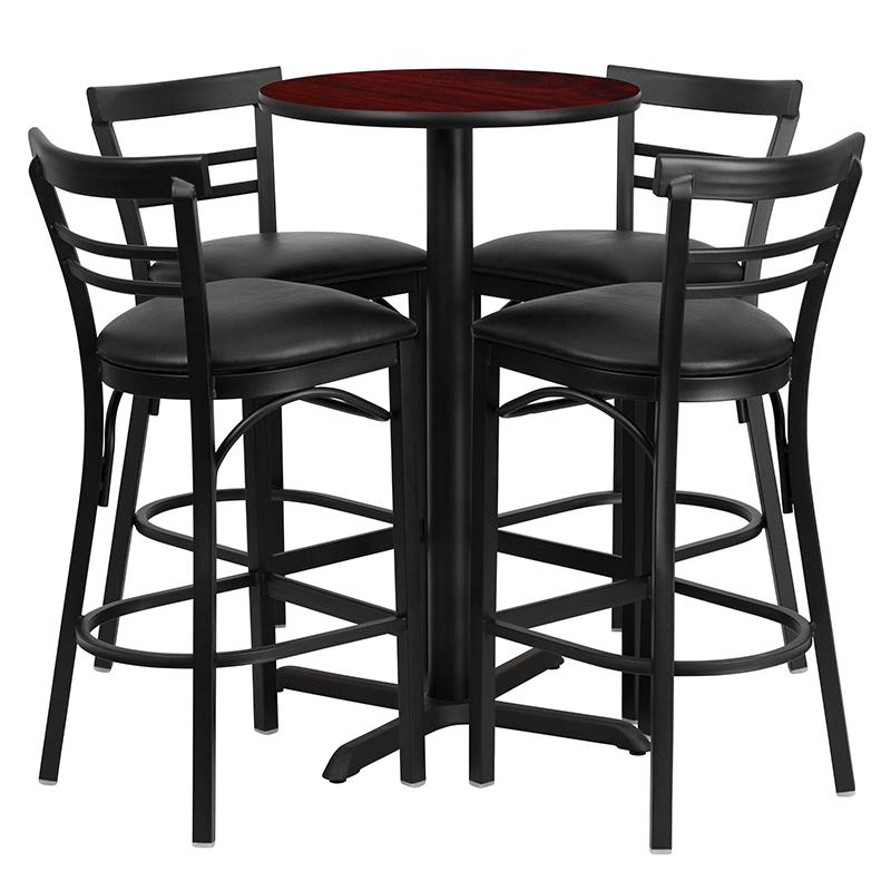 24'' Round Mahogany Laminate Table Set with X-Base and 4 Two-Slat Ladder Back Metal Barstools - Black Vinyl Seat. Picture 1