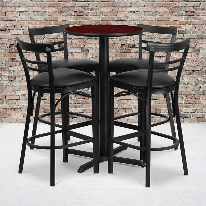 24'' Round Mahogany Laminate Table Set with X-Base and 4 Two-Slat Ladder Back Metal Barstools - Black Vinyl Seat. Picture 2
