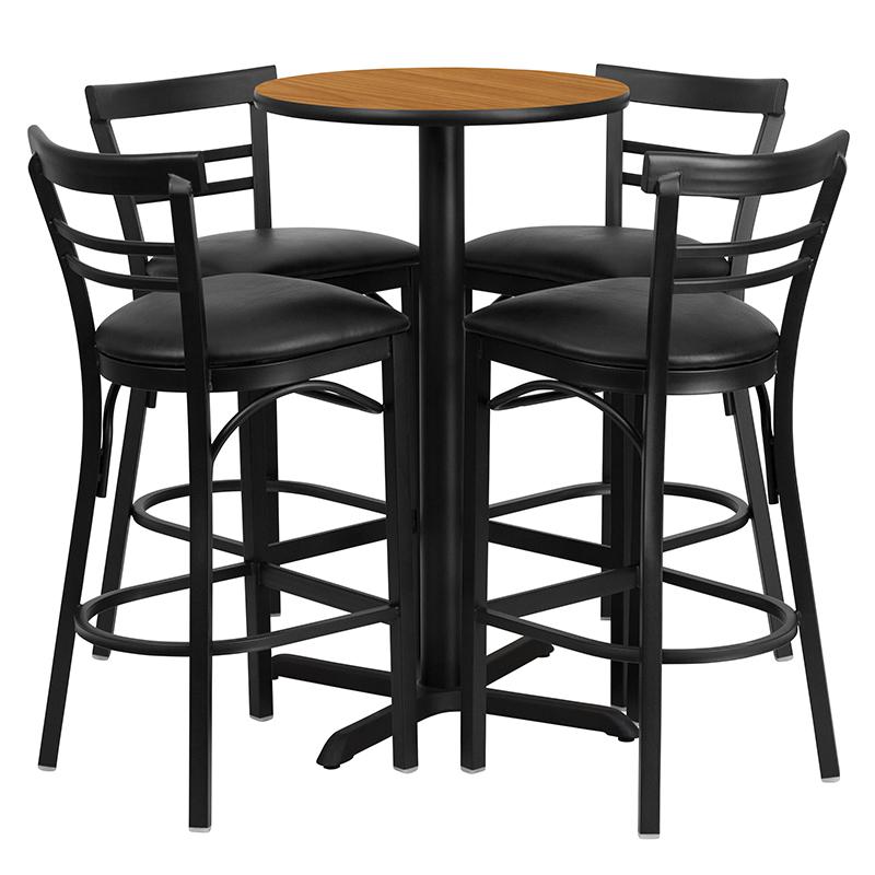 24'' Round Natural Laminate Table Set with X-Base and 4 Two-Slat Ladder Back Metal Barstools - Black Vinyl Seat. Picture 1
