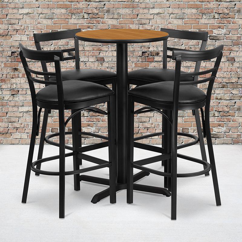 24'' Round Natural Laminate Table Set with X-Base and 4 Two-Slat Ladder Back Metal Barstools - Black Vinyl Seat. Picture 2