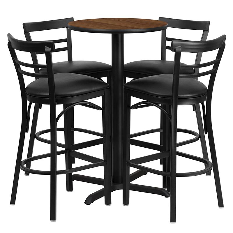 24'' Round Walnut Laminate Table Set with X-Base and 4 Two-Slat Ladder Back Metal Barstools - Black Vinyl Seat. Picture 1