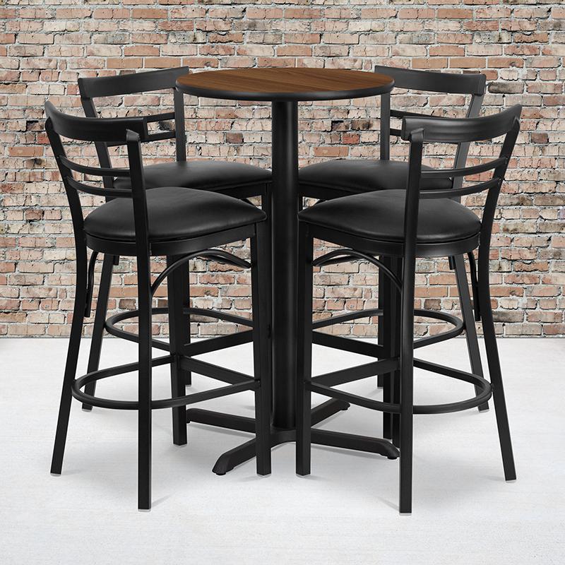 24'' Round Walnut Laminate Table Set with X-Base and 4 Two-Slat Ladder Back Metal Barstools - Black Vinyl Seat. Picture 2