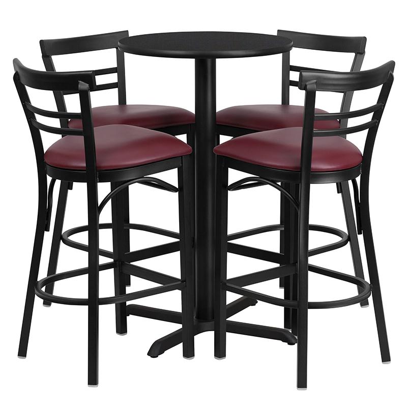 24'' Round Black Laminate Table Set with X-Base and 4 Two-Slat Ladder Back Metal Barstools - Burgundy Vinyl Seat. Picture 2