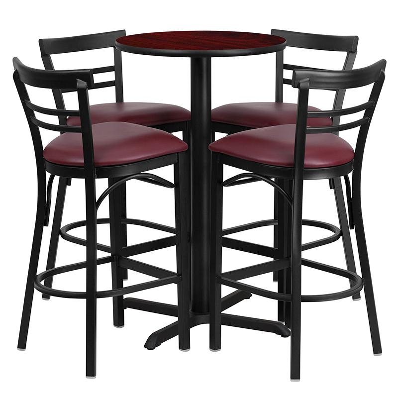 24'' Round Mahogany Laminate Table Set with X-Base and 4 Two-Slat Ladder Back Metal Barstools - Burgundy Vinyl Seat. Picture 1
