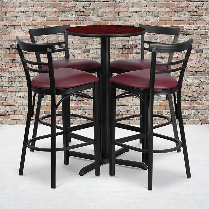 24'' Round Mahogany Laminate Table Set with X-Base and 4 Two-Slat Ladder Back Metal Barstools - Burgundy Vinyl Seat. Picture 2