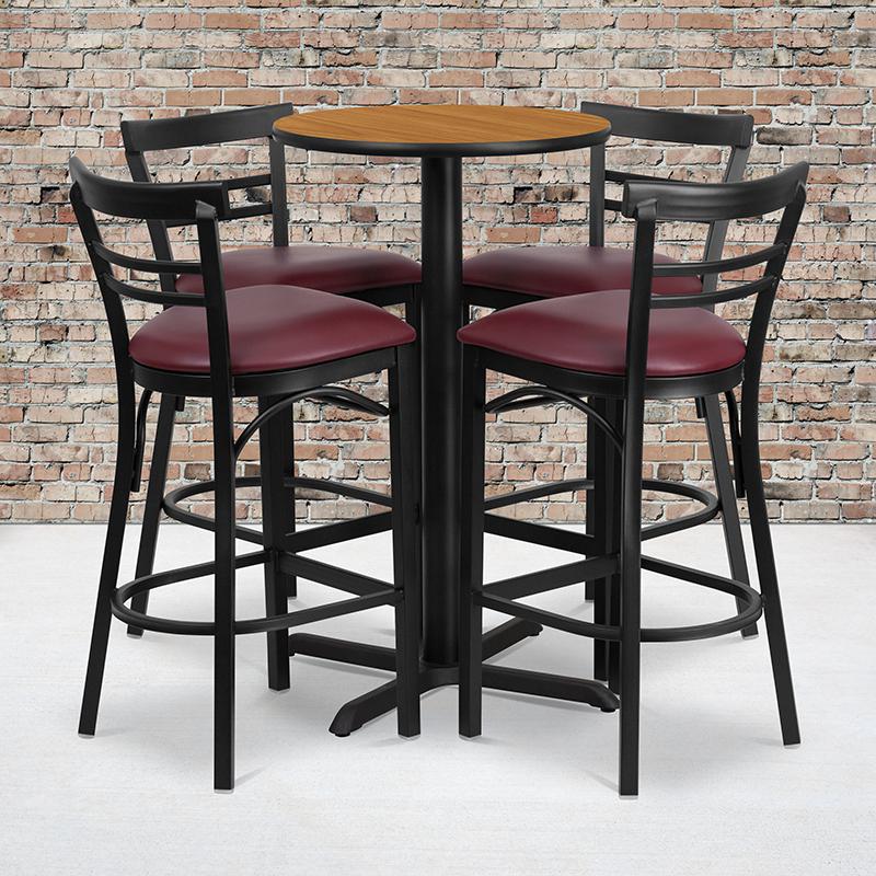 24'' Round Natural Laminate Table Set with X-Base and 4 Two-Slat Ladder Back Metal Barstools - Burgundy Vinyl Seat. Picture 2