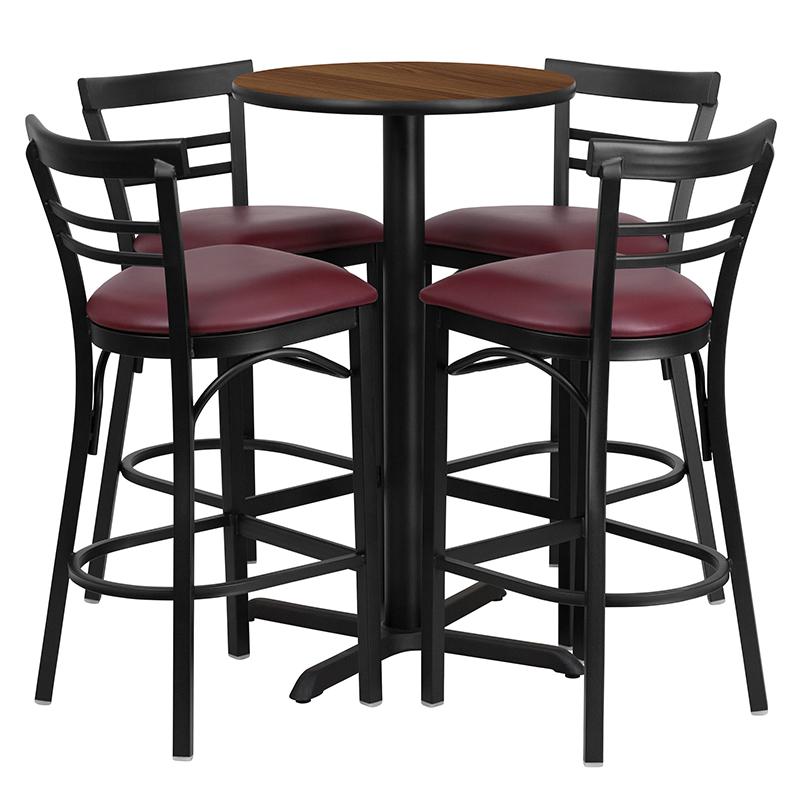 24'' Round Walnut Laminate Table Set with X-Base and 4 Two-Slat Ladder Back Metal Barstools - Burgundy Vinyl Seat. Picture 1