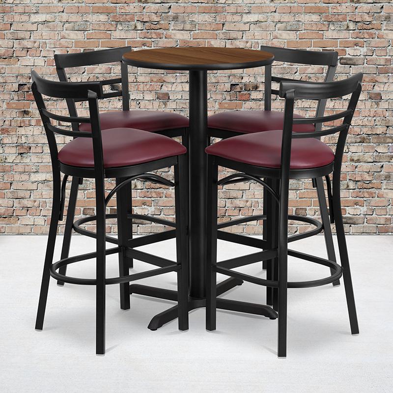 24'' Walnut Table Set with X-4 Two-Slat Metal Barstools - Burgundy Vinyl Seat. Picture 1
