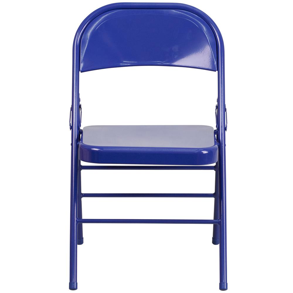 Cobalt Blue Triple Braced & Double Hinged Metal Folding Chair. Picture 14